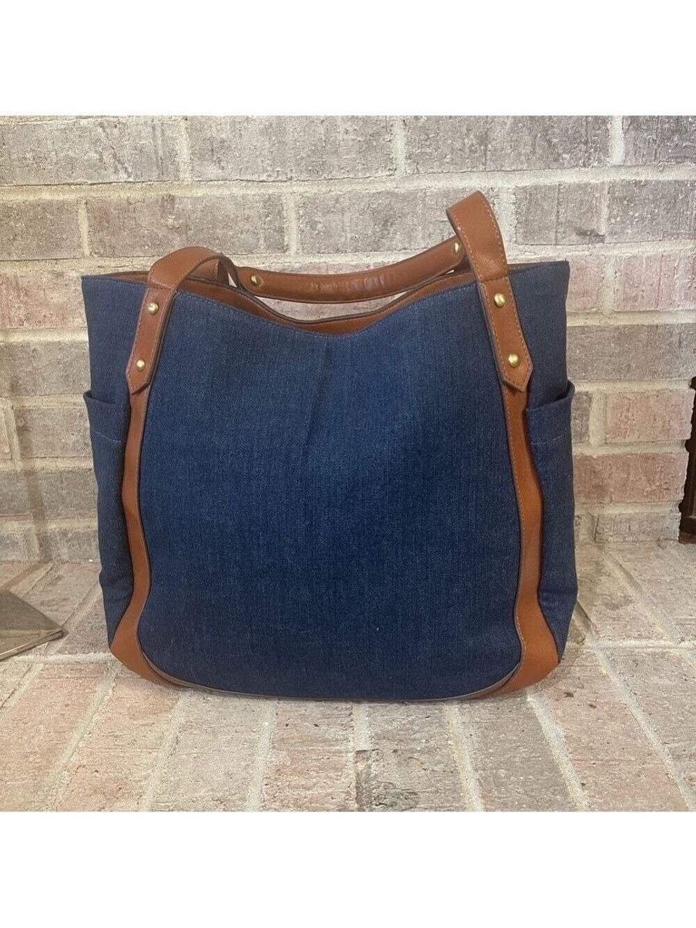 Stylish Denim and Brown Tote Bag - Picture 3 of 10